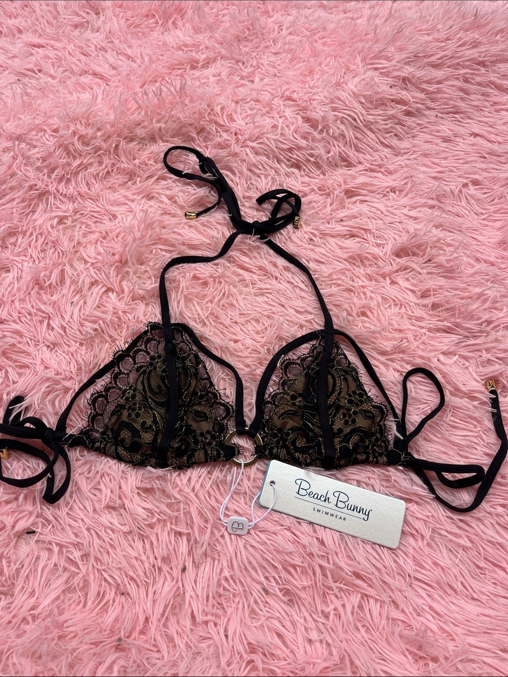 Beach Bunny Gun Powder and Lace Black Lace Triangle Top with Gold Accents